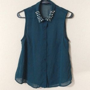 Sheer Teal Button Down Top***